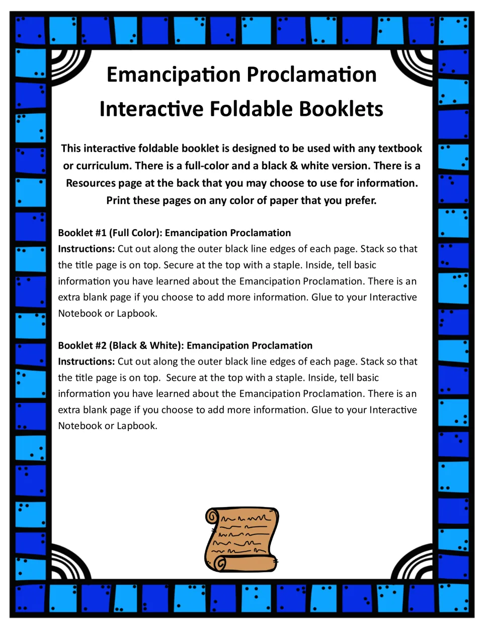 Booklet instructions: cut out pages, stack title on top, staple, add facts, glue into a notebook or lapbook