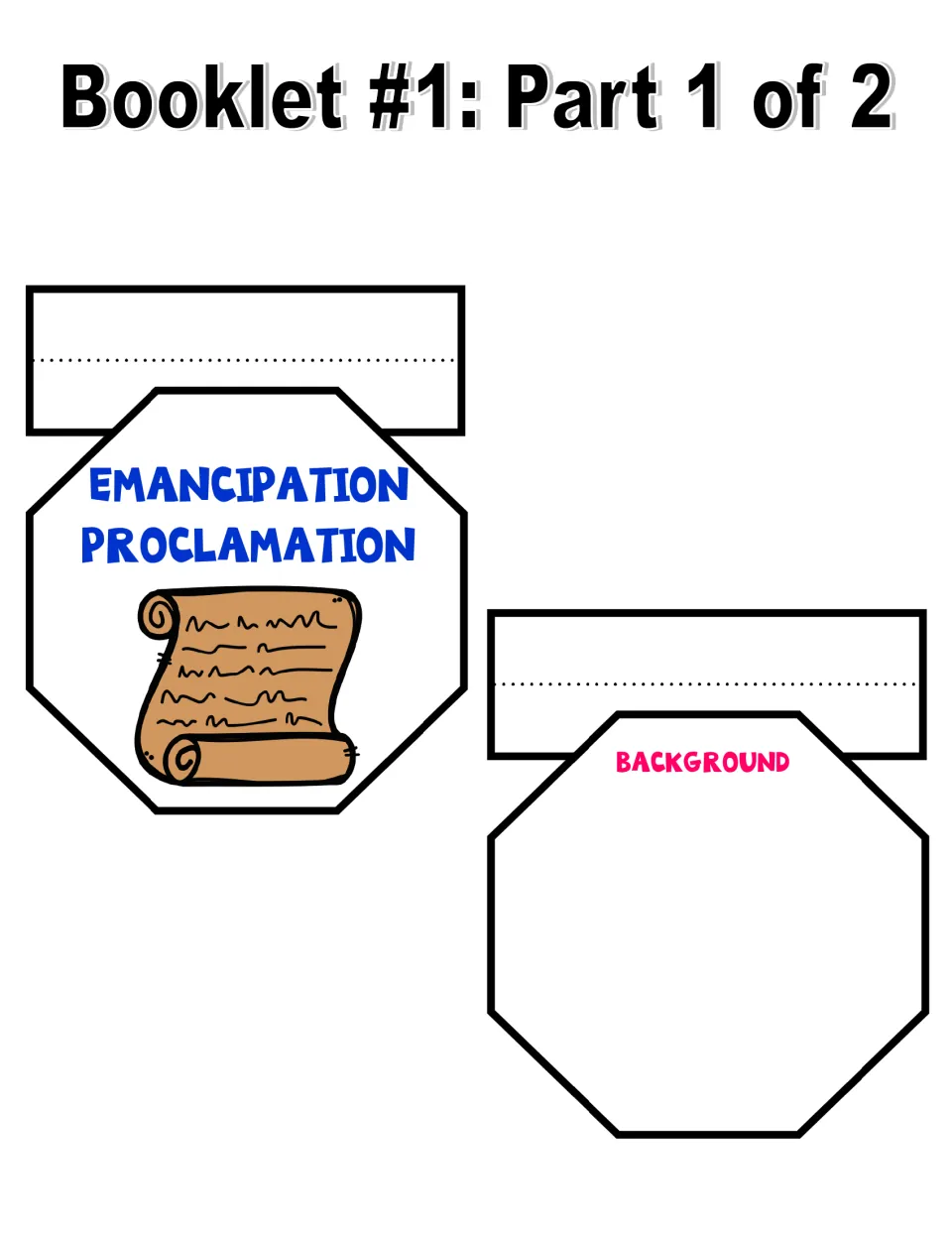 Full-color booklet sheet 1: title page 'Emancipation Proclamation' with a scroll, plus the 'Background' page