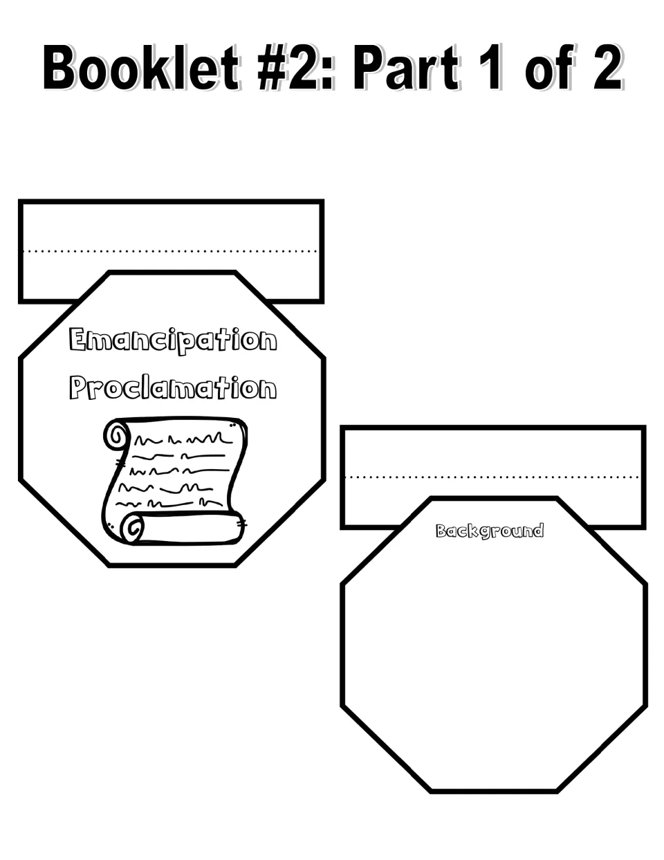 Black & white booklet sheet 1: title page 'Emancipation Proclamation' with a scroll, plus the 'Background' page