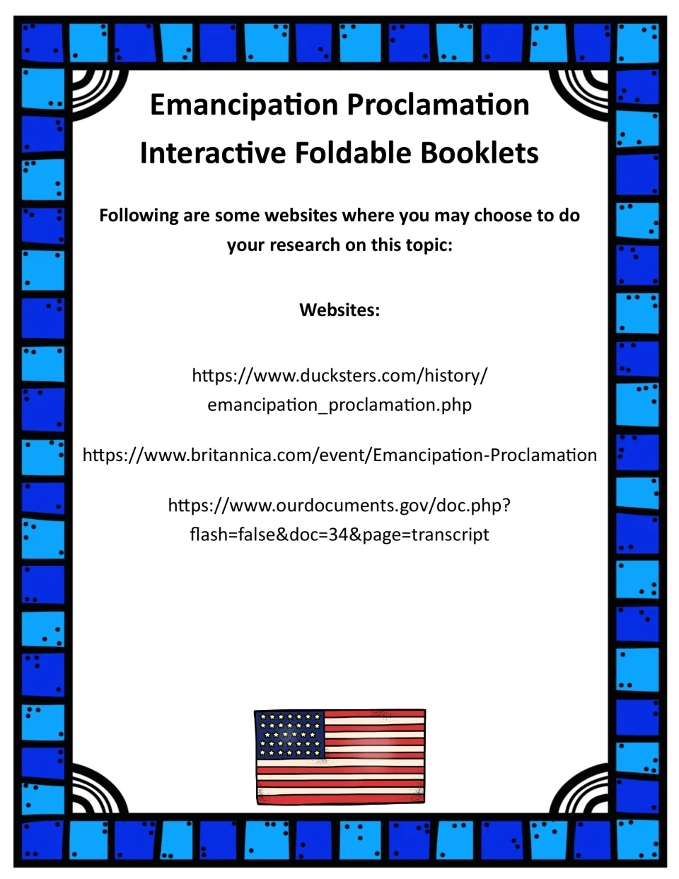 Research websites page listing Ducksters, Britannica and Our Documents links on the Emancipation Proclamation