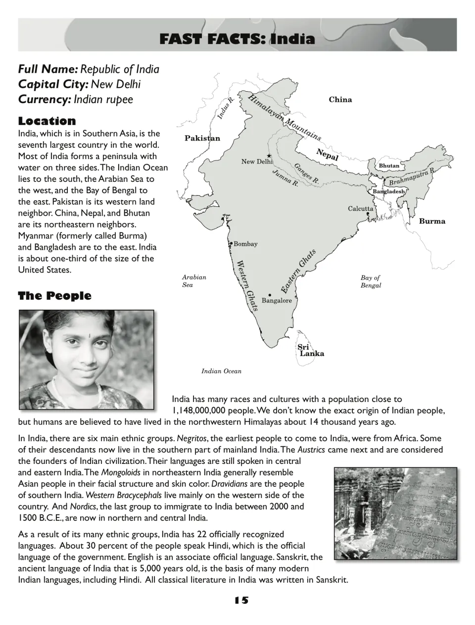 India fast facts reading introduces its capital, currency, location, people, and languages beside a map