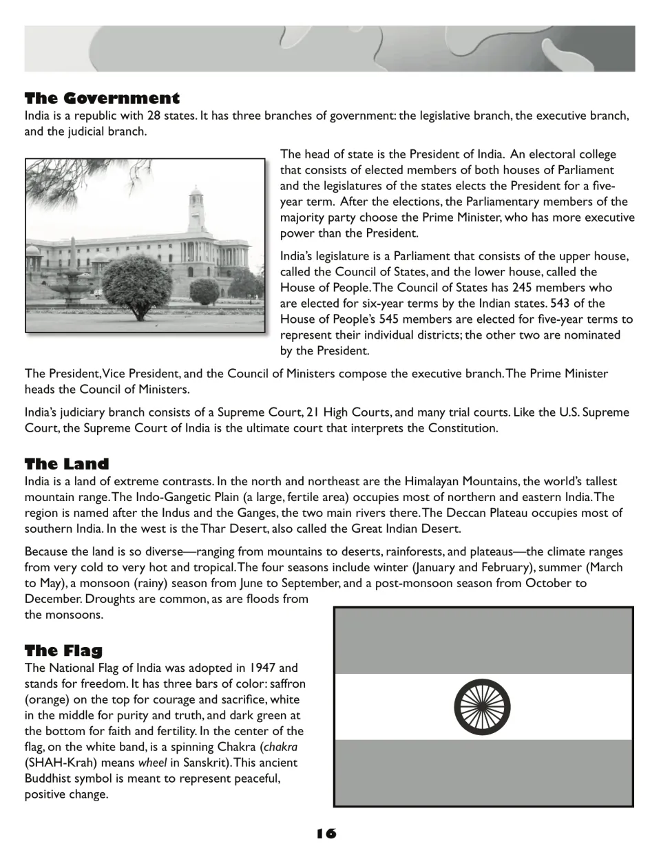 India facts reading continues with government branches, landforms, climate, and the national flag