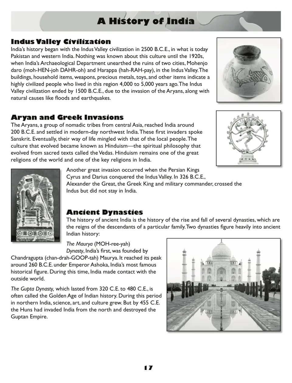 India history reading covers the Indus Valley civilization, Aryan and Greek invasions, and ancient dynasties