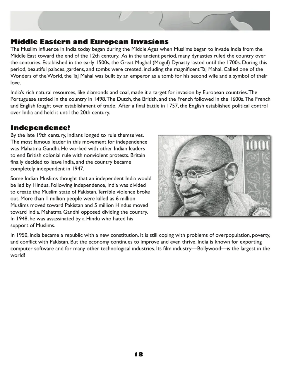 India history reading continues with Mughal rule, European invasions, Gandhi, independence, and partition