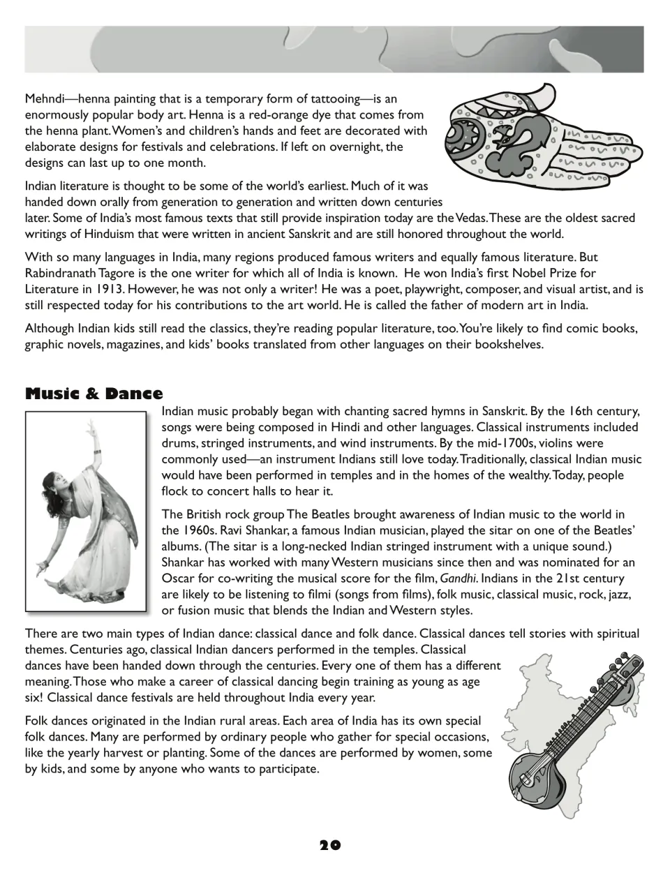 Everyday India reading continues with mehndi, literature, Rabindranath Tagore, music, and forms of dance