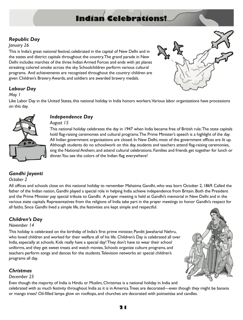 Indian celebrations reading gives dates and customs for Republic Day, Independence Day, and four more holidays
