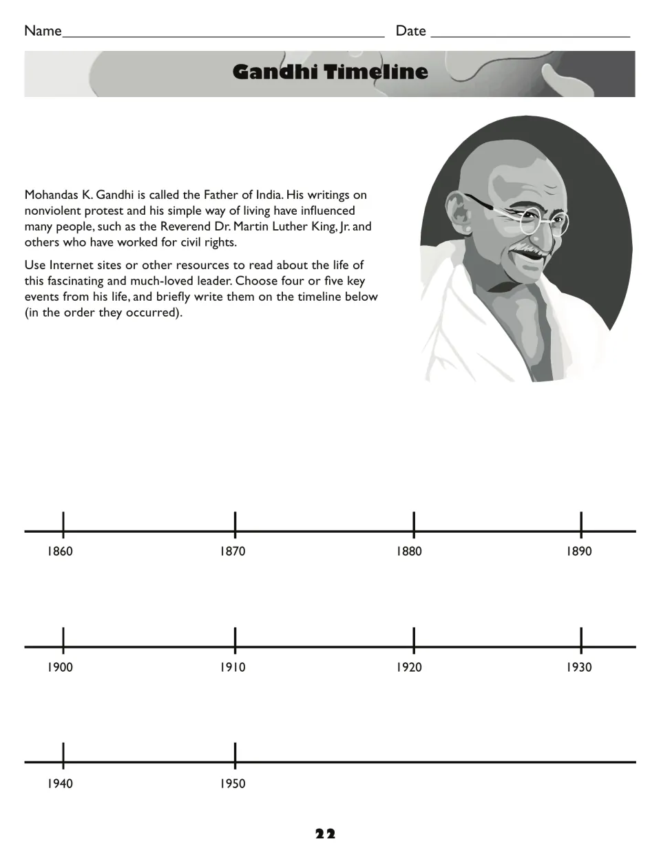 Gandhi Timeline activity asks students to research his life and record four or five key events in order