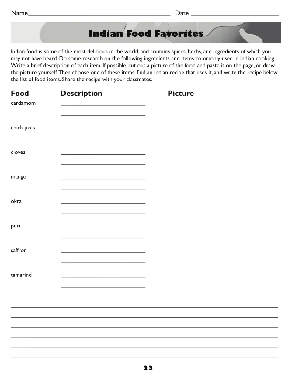 Indian Food Favorites activity asks students to research eight foods, add pictures, and write a recipe