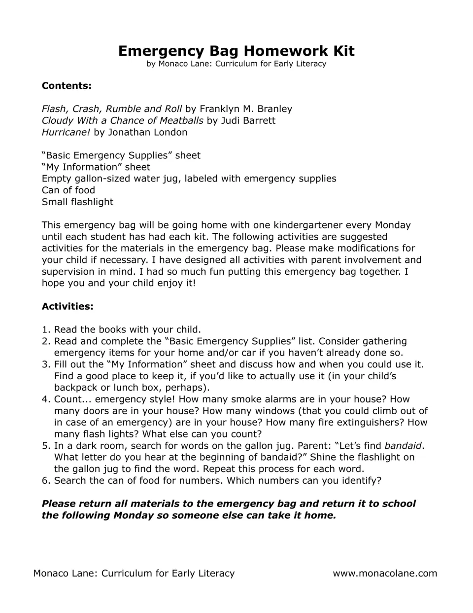 Parent letter with bag contents and six home activities: read books, count smoke alarms, find jug words by first sound