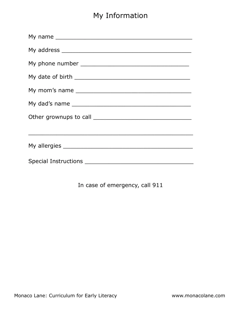 My Information form: child and family fill in name, address, phone, birth date, parents, allergies; ends with call 911