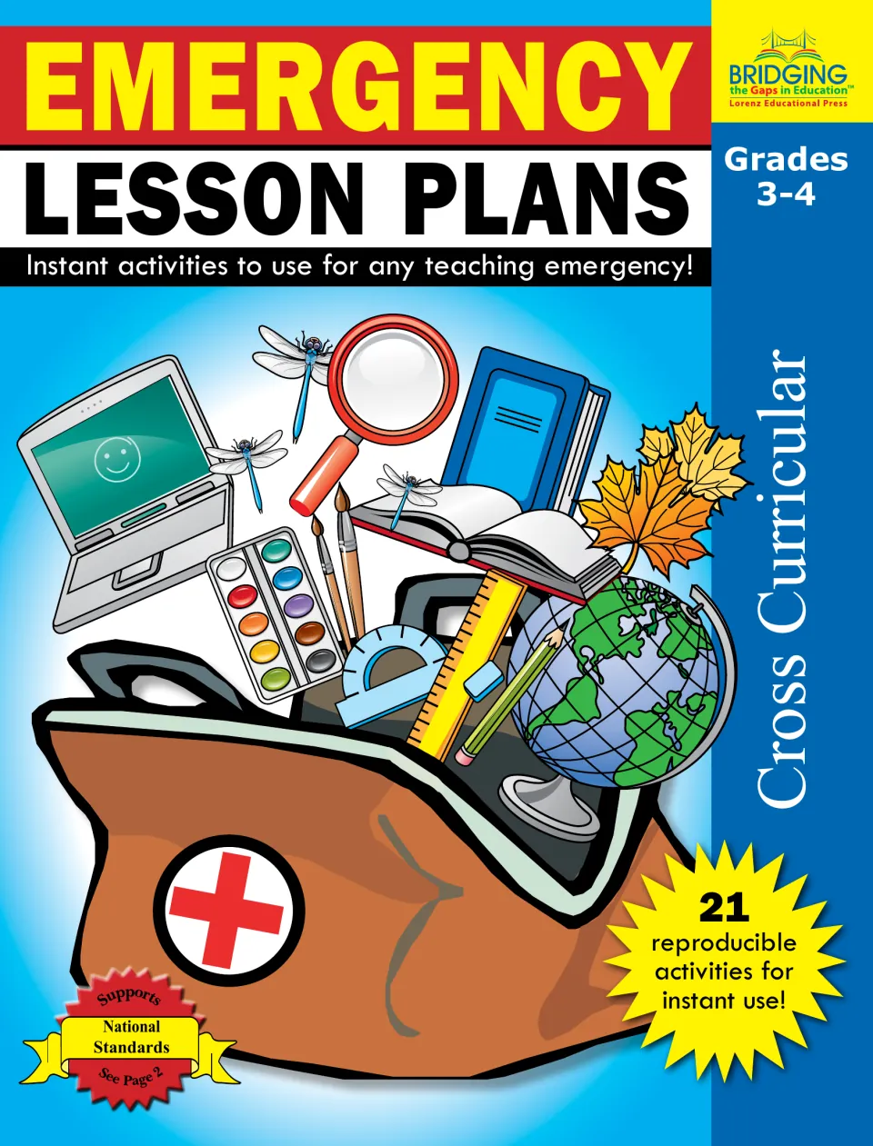 Emergency Lesson Plans cover for grades 3–4, identifying 21 reproducible cross-curricular activities