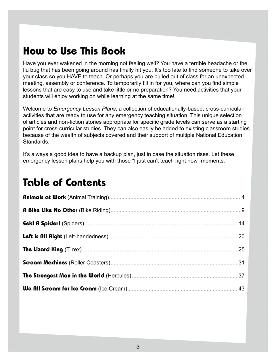 Lesson book introduction and contents listing eight units, including animal training, spiders, and ice cream
