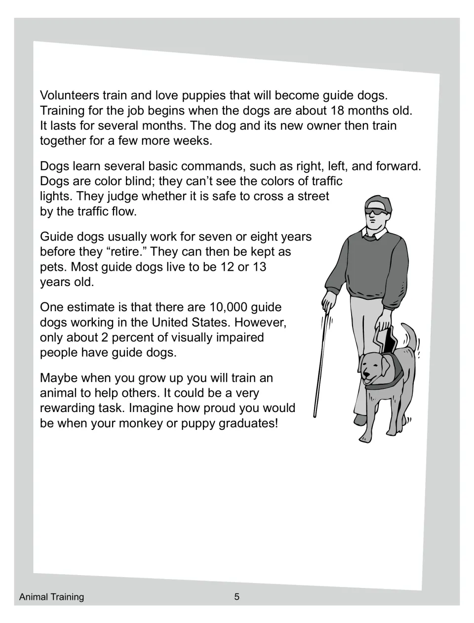 Animals at Work reading, part 2, describes guide dog training, commands, working years, and retirement
