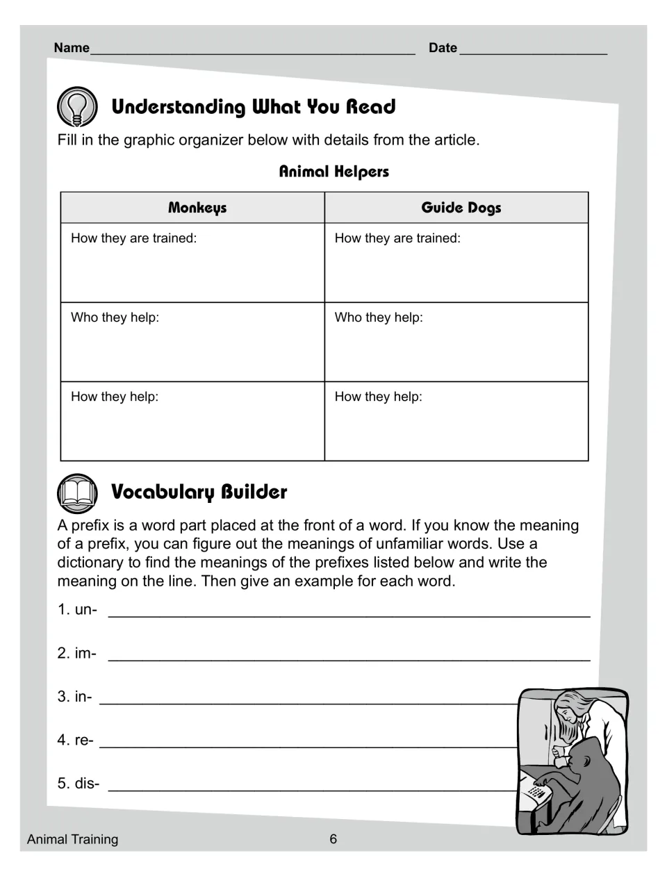Animal helpers comprehension activity compares monkeys and guide dogs, followed by practice with five prefixes