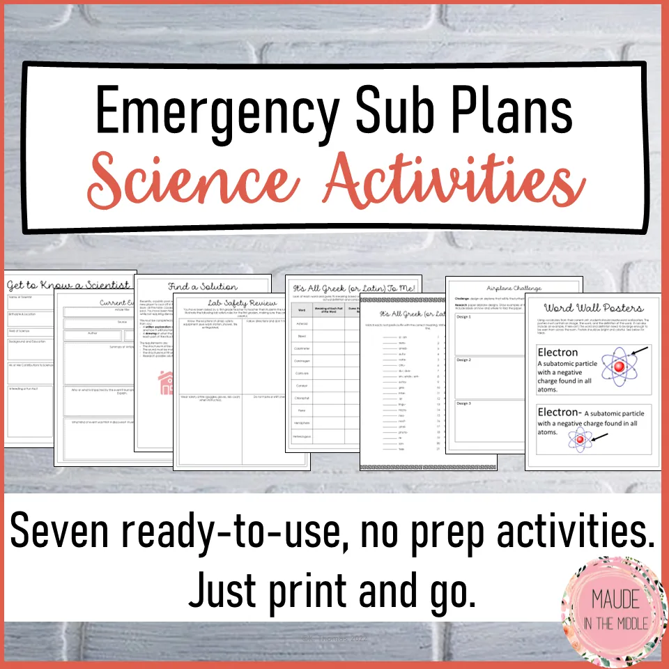 Emergency No Prep Sub Plans for Middle School Science – cover