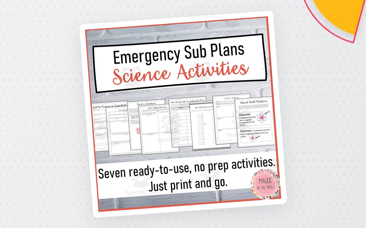 Emergency Sub Plans Science Activities cover with seven worksheet previews and no-prep callout.