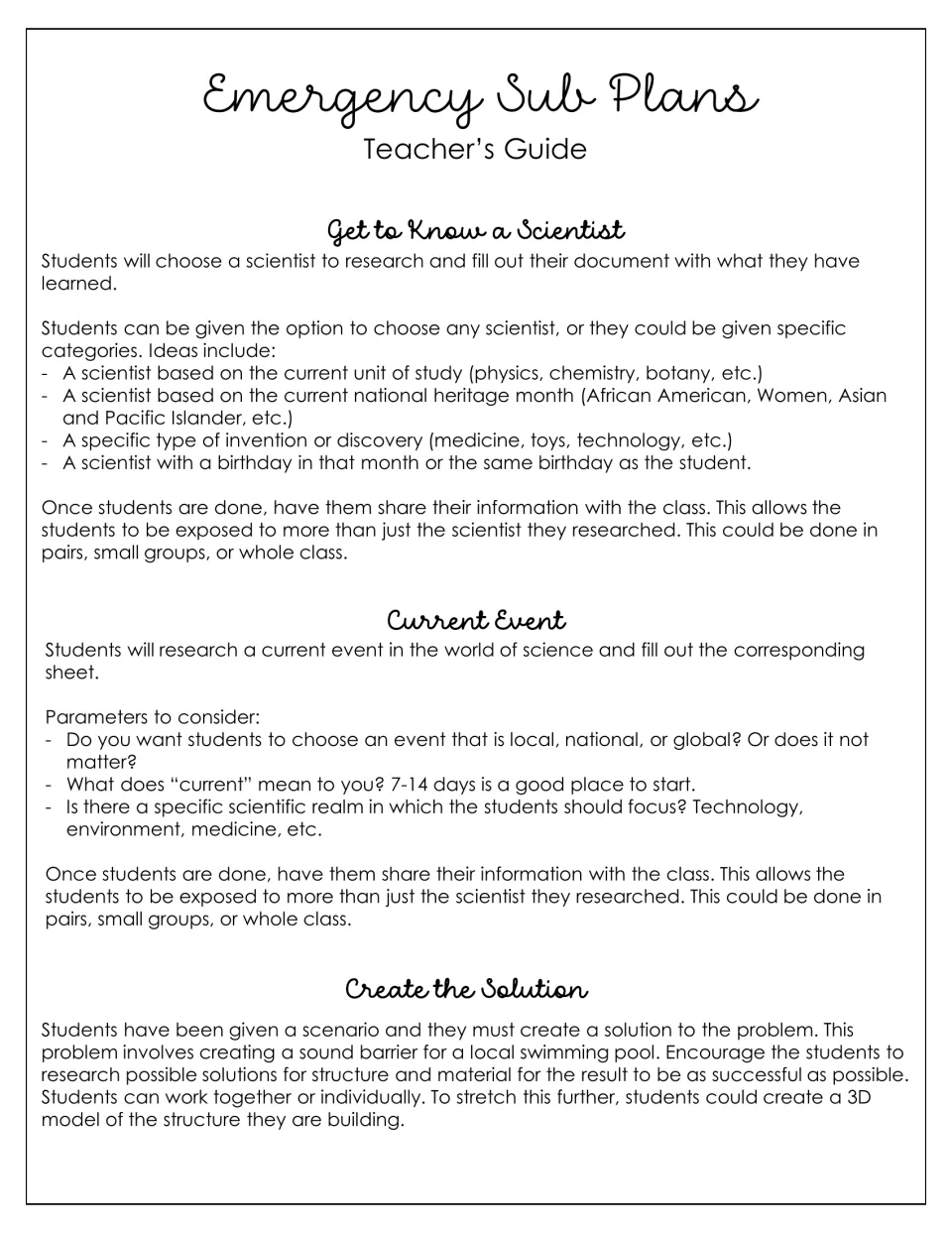 Sub plans teacher's guide: directions for the Get to Know a Scientist, Current Event and Create the Solution activities
