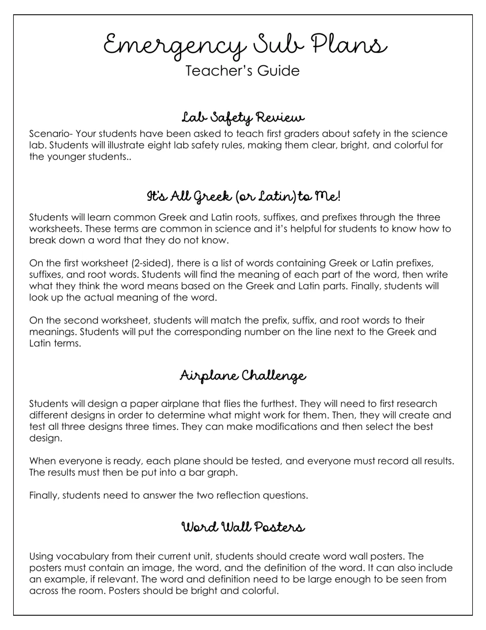 Teacher's guide notes for Lab Safety Review, Greek and Latin roots worksheets, Airplane Challenge and Word Wall Posters