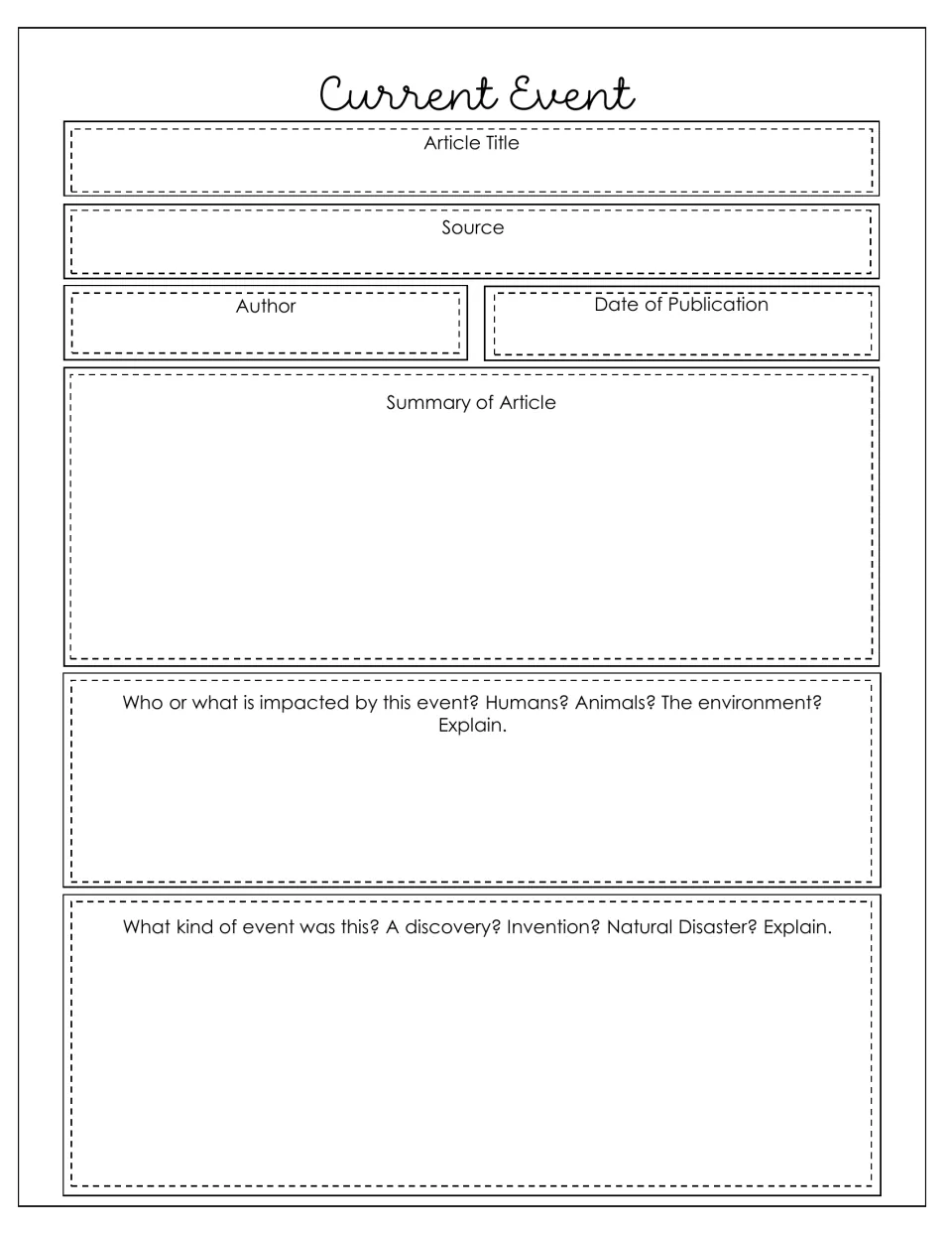 Current Event: students record a science article's title, source, author and date, summarize it and name who it impacts
