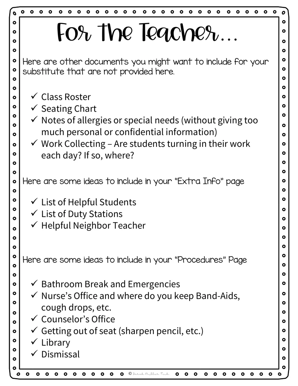 Teacher checklist of documents to add for a substitute: class roster, seating chart, allergy notes and procedure ideas