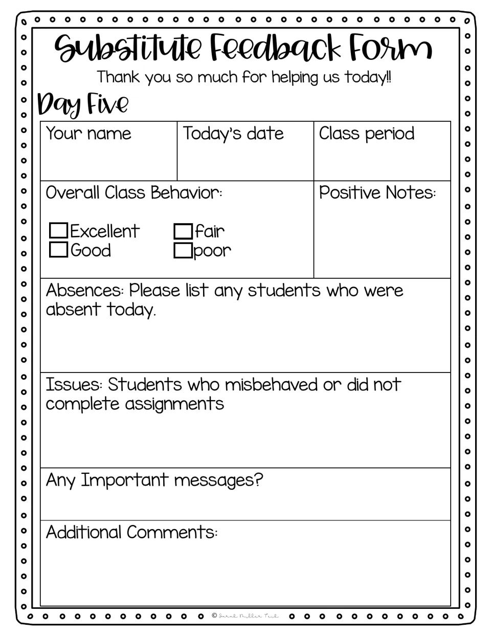 Day Five substitute feedback form, the last of the week: name, date, behaviour checkboxes, absences, issues and comments