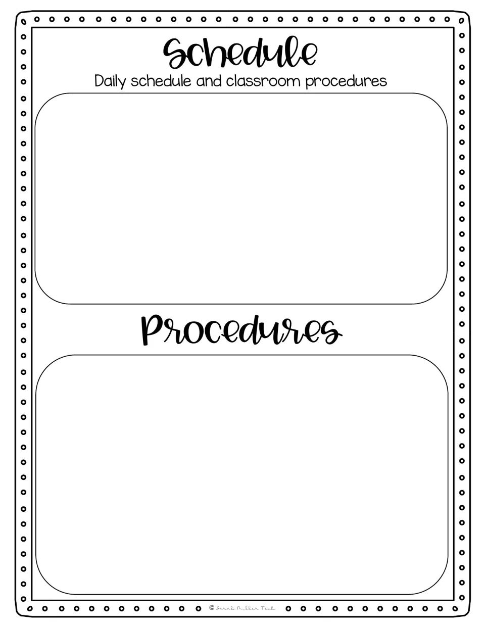 Schedule and Procedures page with space for the teacher to write the daily schedule and classroom procedures