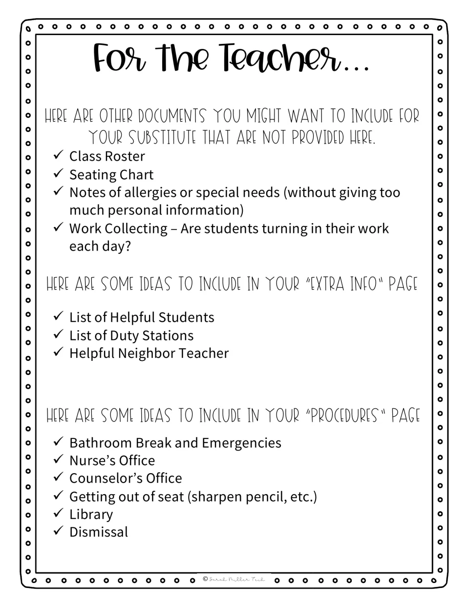 Teacher checklist of items to add for a substitute, like class roster, seating chart, allergies and dismissal procedures