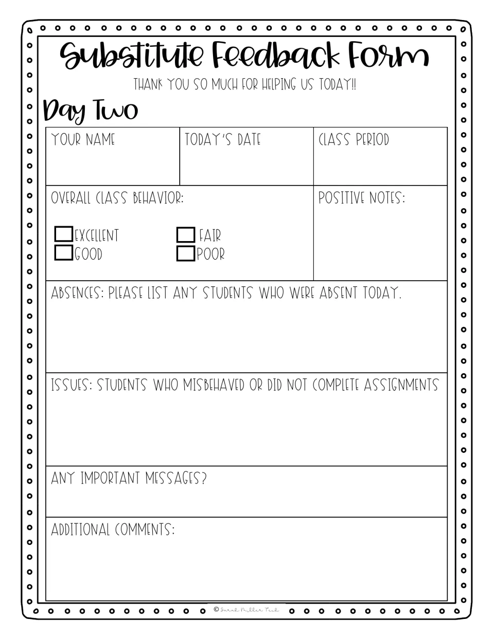 Day Two substitute feedback form where the sub rates behavior, notes absences and records misbehavior or messages