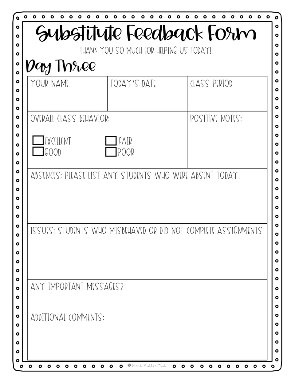 Day Three sub report: behavior checkboxes from excellent to poor, plus absences, positive notes and extra comments