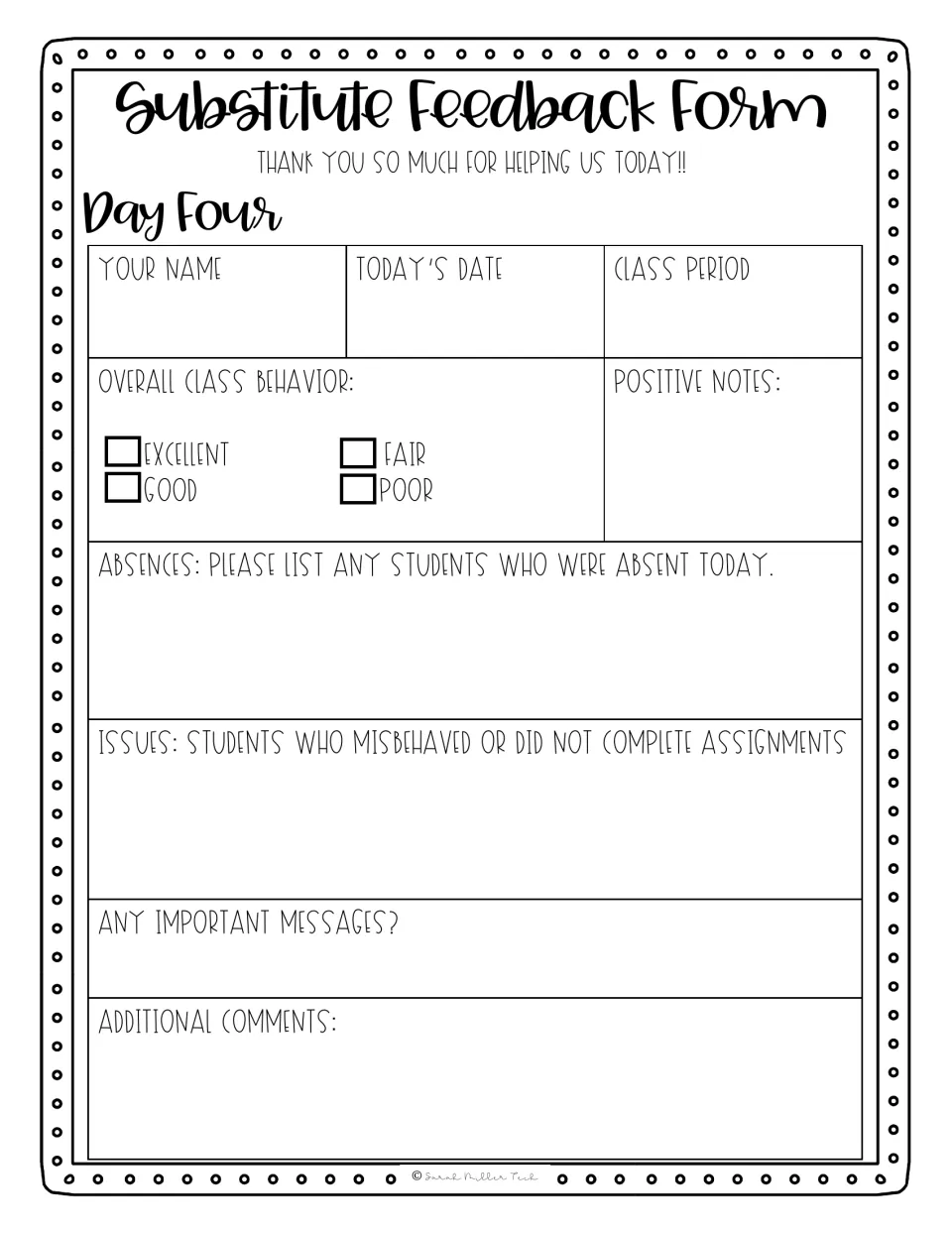 Day Four feedback sheet for the substitute to log class period, behavior rating, absent students and issues