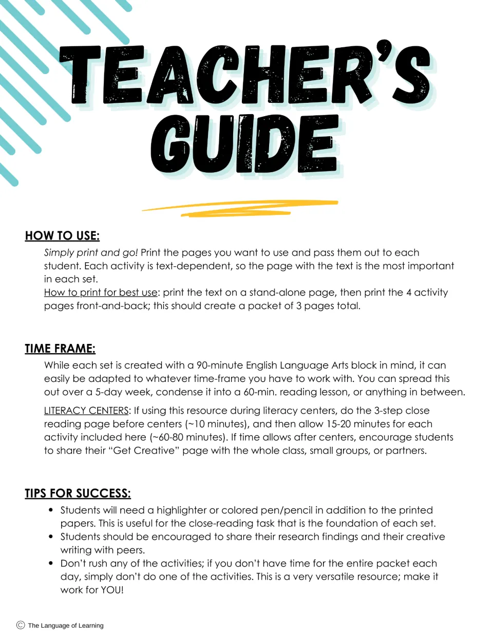Teacher's guide: how to print each set, fitting it to a 90-minute ELA block or centers, and tips like using a highlighter