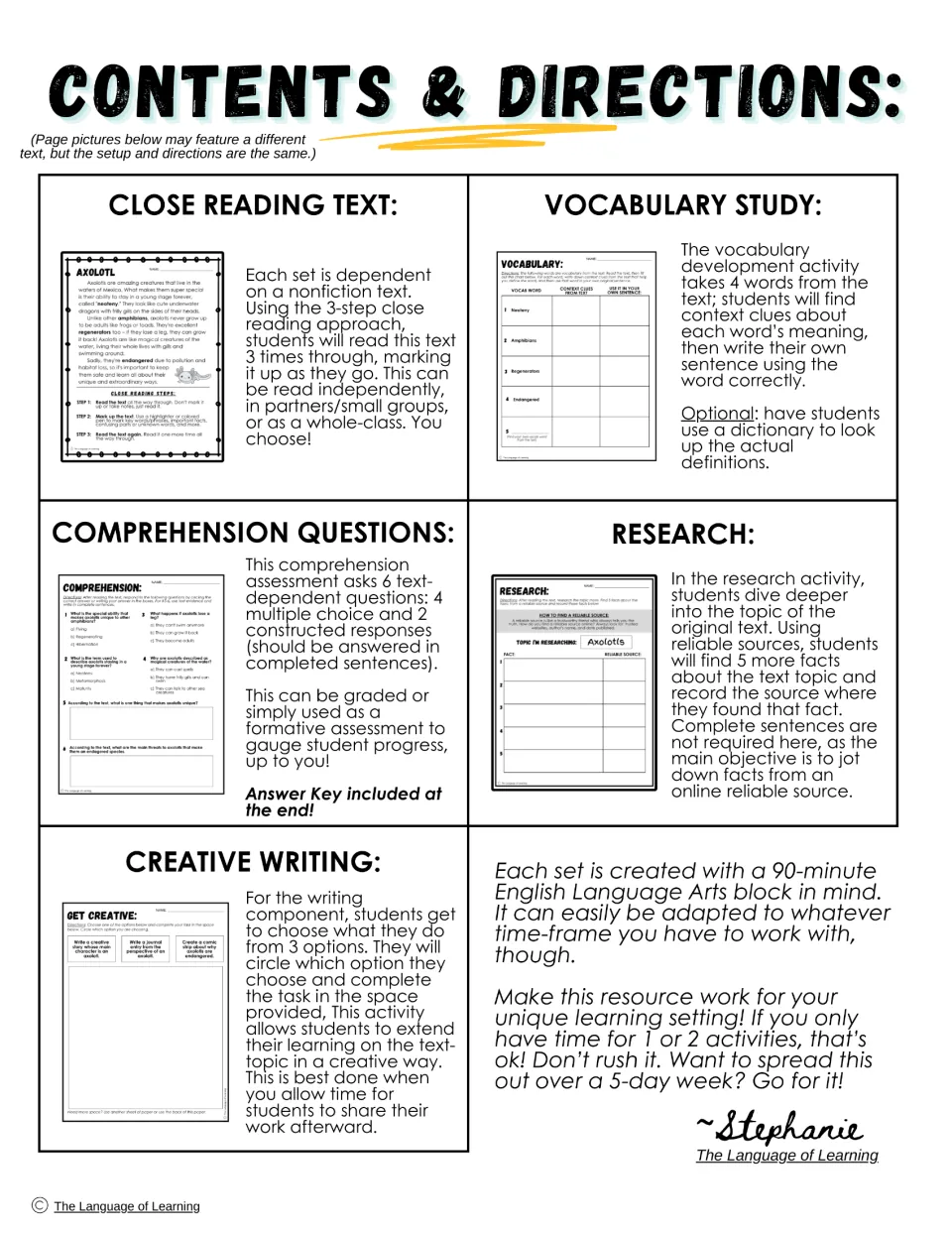 Contents and directions explaining the five parts of each set: close reading, vocabulary, comprehension, research, writing
