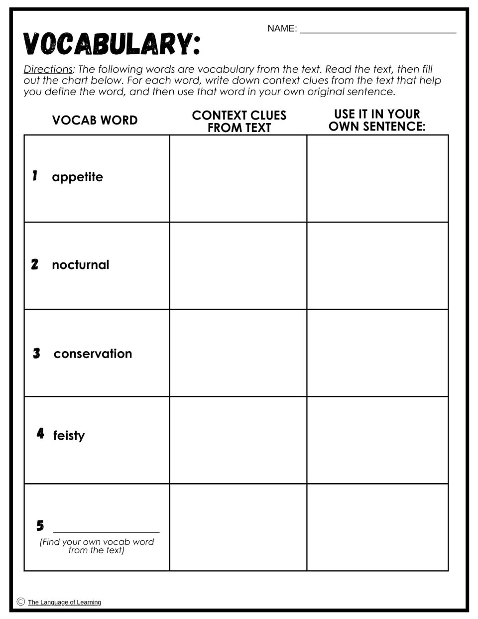 Vocabulary: students find context clues for appetite, nocturnal, conservation and feisty, then use each in a sentence