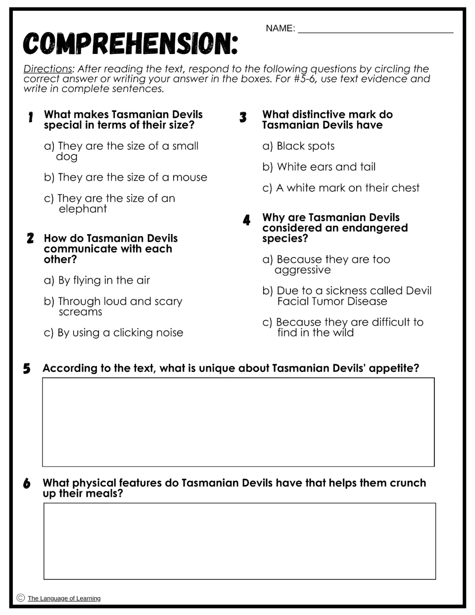 Tasmanian Devil comprehension: four multiple-choice questions and two written answers using text evidence
