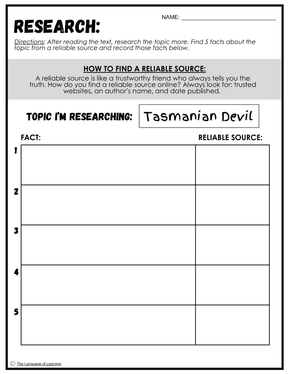 Research on the Tasmanian Devil: students record five facts and a reliable source for each, with tips for judging sources