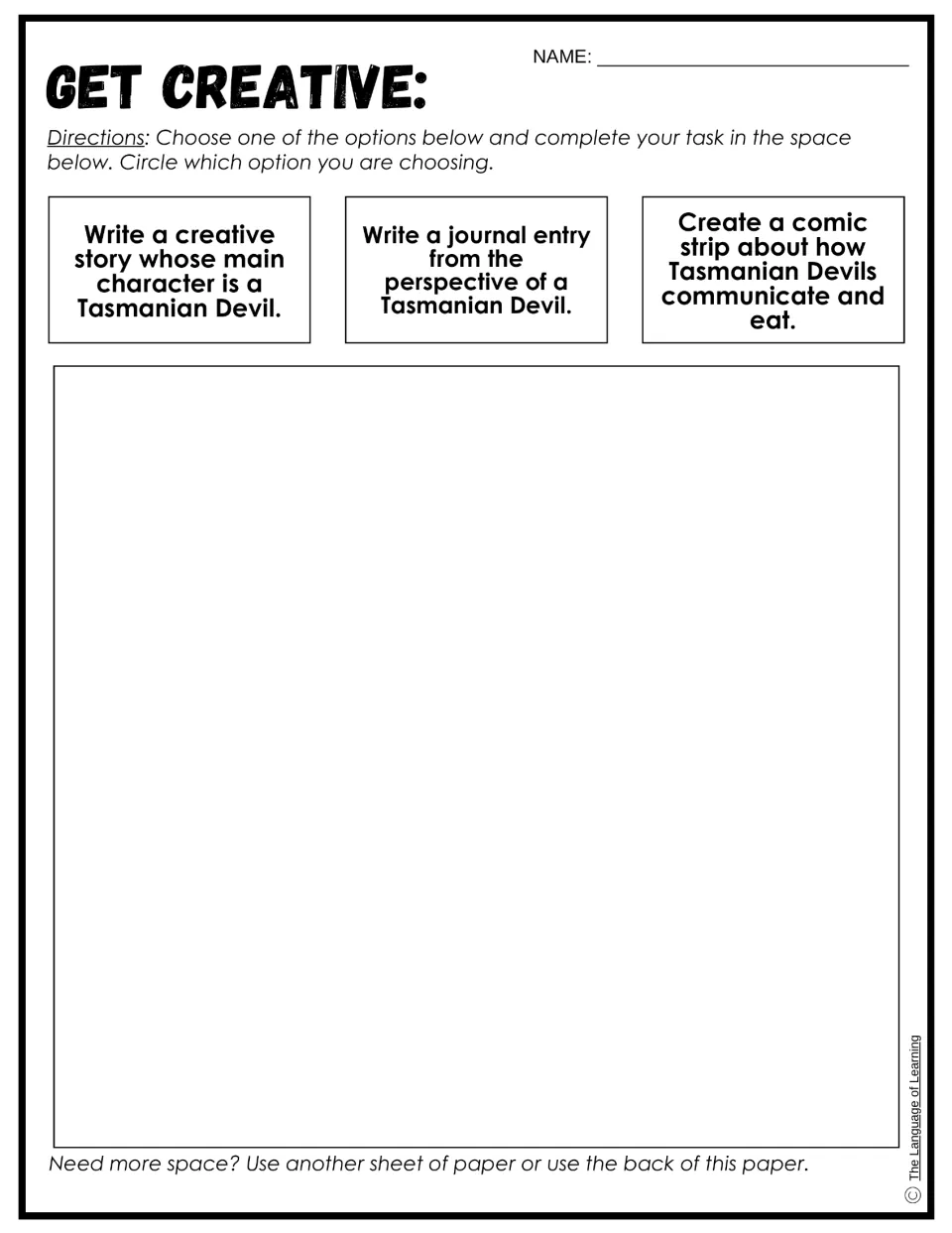 Get Creative writing choice: a Tasmanian Devil story, a journal entry as the devil, or a comic on how devils talk and eat