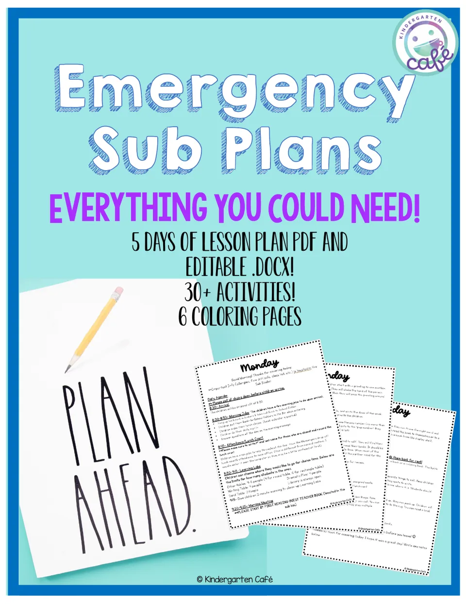 Emergency Sub Plans cover: 5 days of lesson plans as PDF and editable .docx, 30+ activities and 6 coloring pages