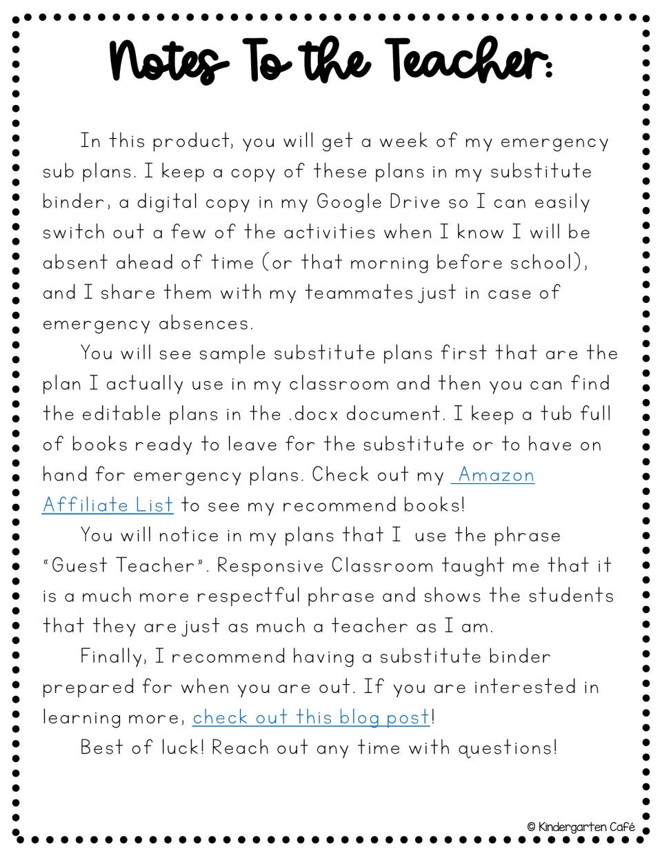 Notes to the teacher: how the week of sub plans is kept in a binder and Google Drive, and why plans say Guest Teacher