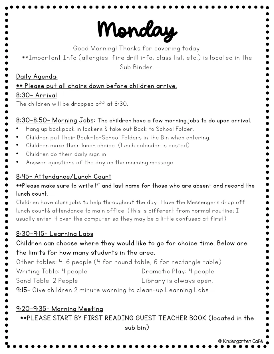 Monday sub plan, morning: arrival, morning jobs, attendance and lunch count, Learning Labs limits and morning meeting start