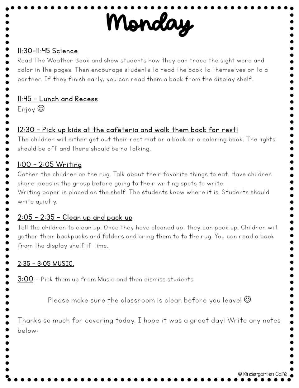 Monday plan, afternoon: tracing sight words in The Weather Book, quiet rest, writing about favorite foods, and Music
