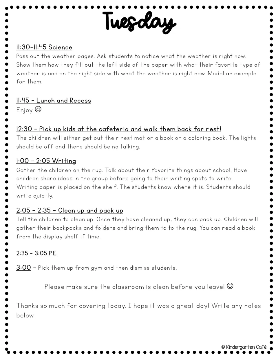Tuesday plan, afternoon: weather pages on favorite vs. current weather, rest time, writing about school, and P.E. pickup