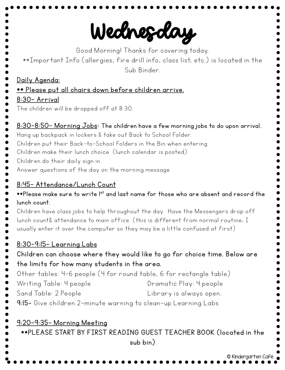 Wednesday sub plan, 8:30 to 9:35: drop-off, morning jobs, messenger attendance, choice-time Learning Labs, morning meeting