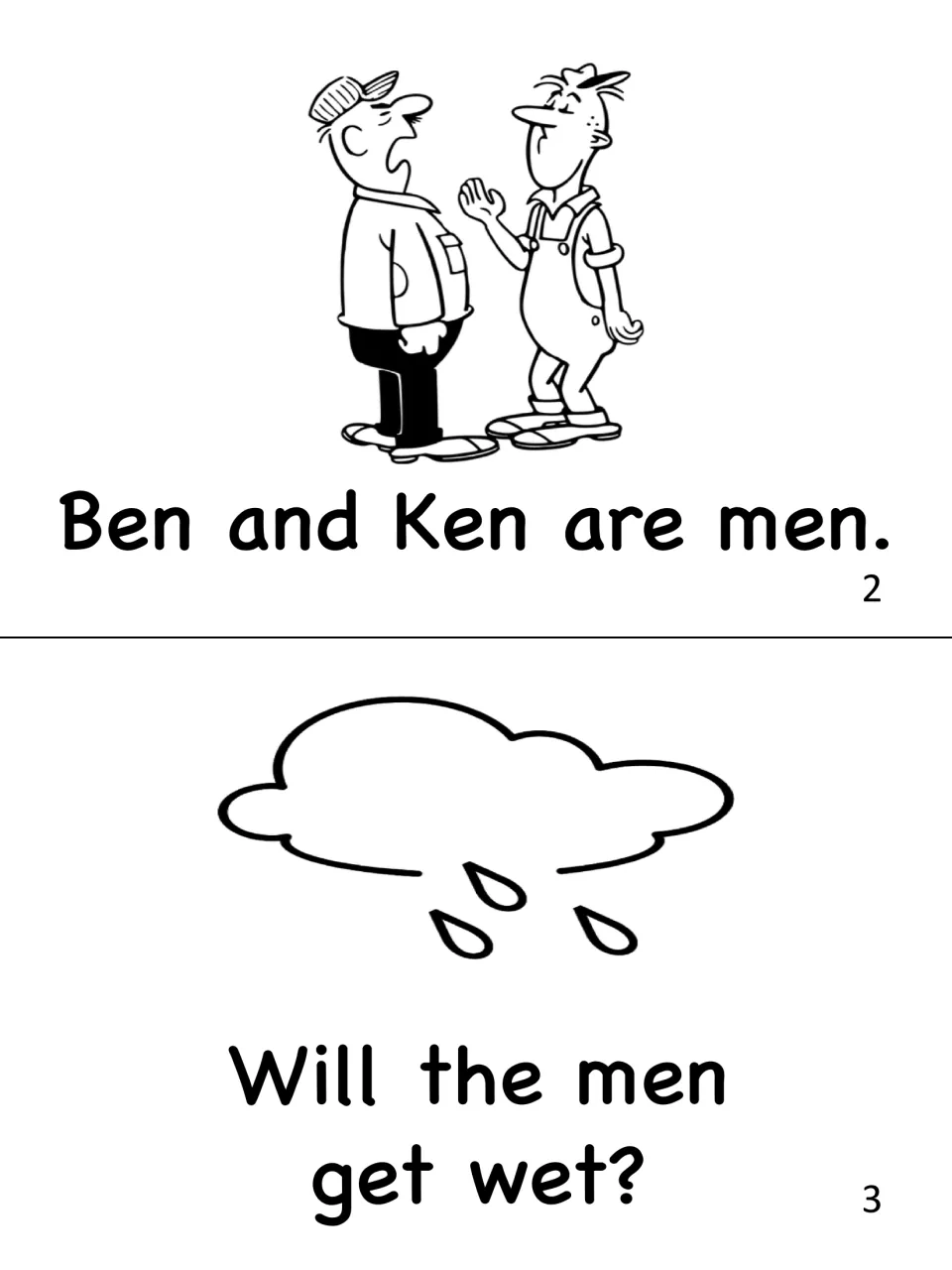 Story pages 2-3: 'Ben and Ken are men.' with the two men, then a rain cloud asking 'Will the men get wet?'