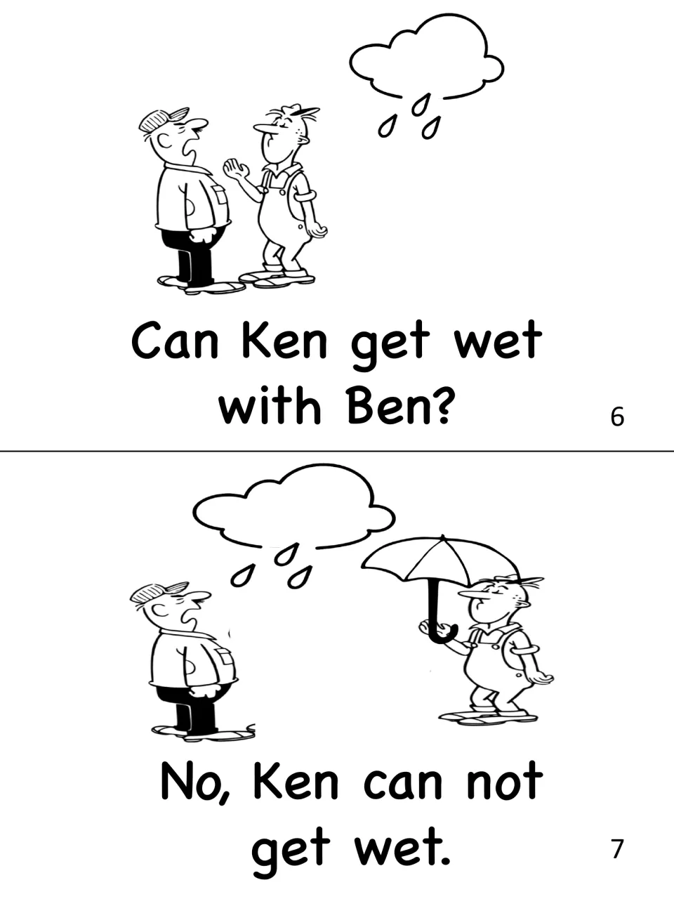 Story pages 6-7: 'Can Ken get wet with Ben?' and 'No, Ken can not get wet.' as Ken stays under his umbrella