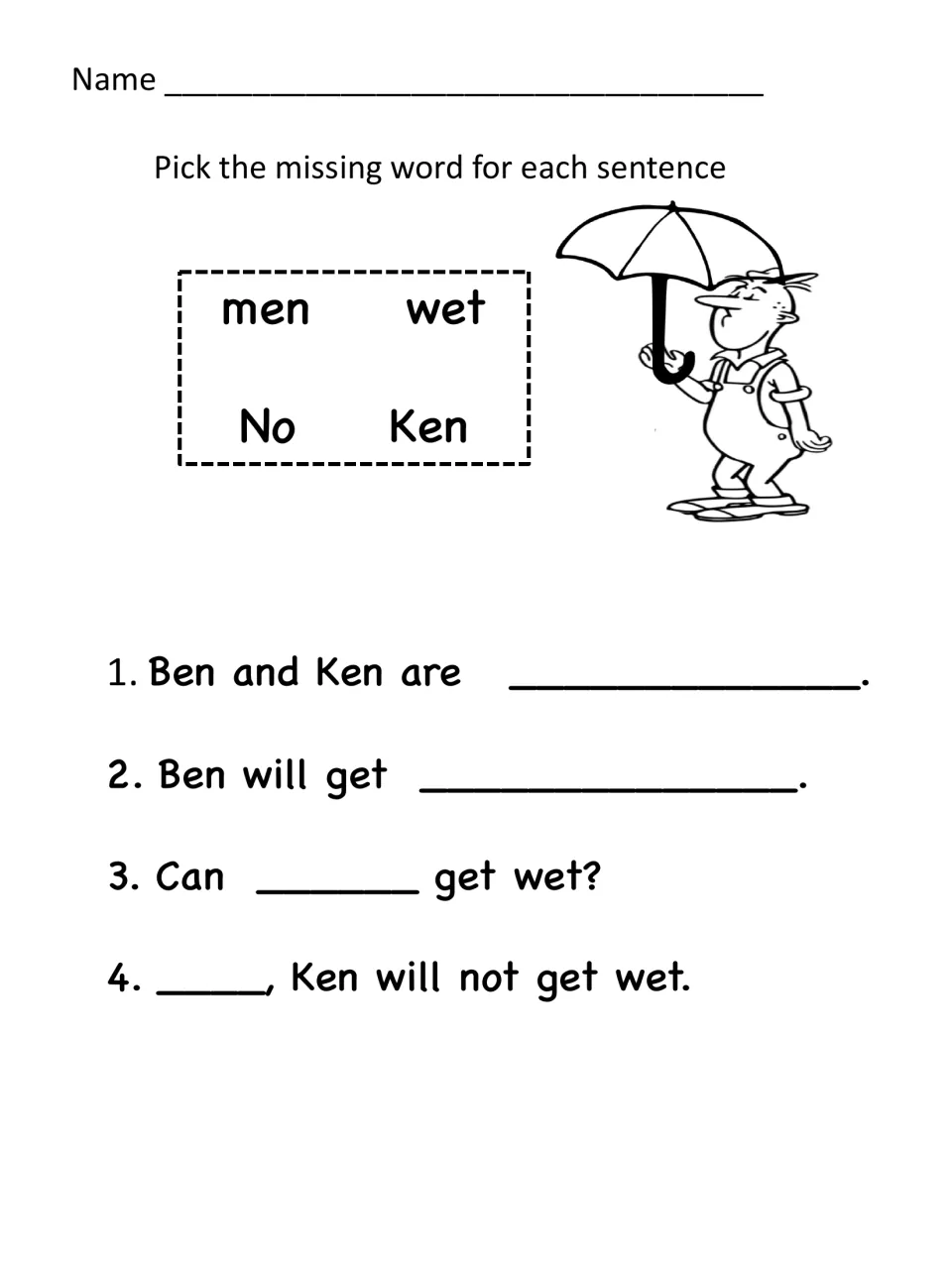 Cloze sentences from the story: students pick men, wet, No or Ken from a word bank to complete four sentences