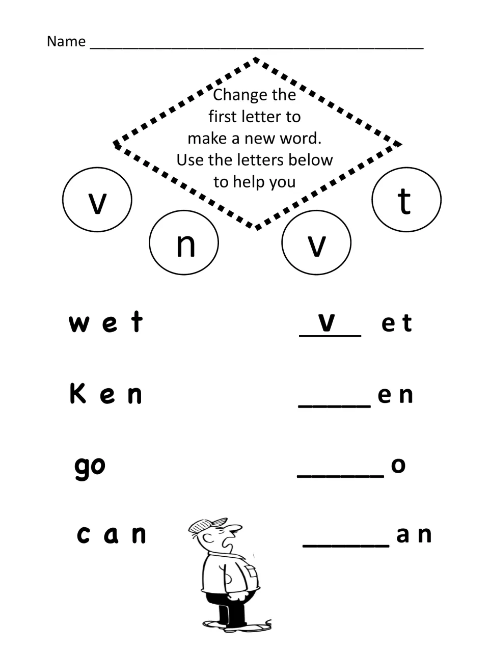 Word families: students change the first letter of wet, Ken, go and can to make new words, using letters v, n and t