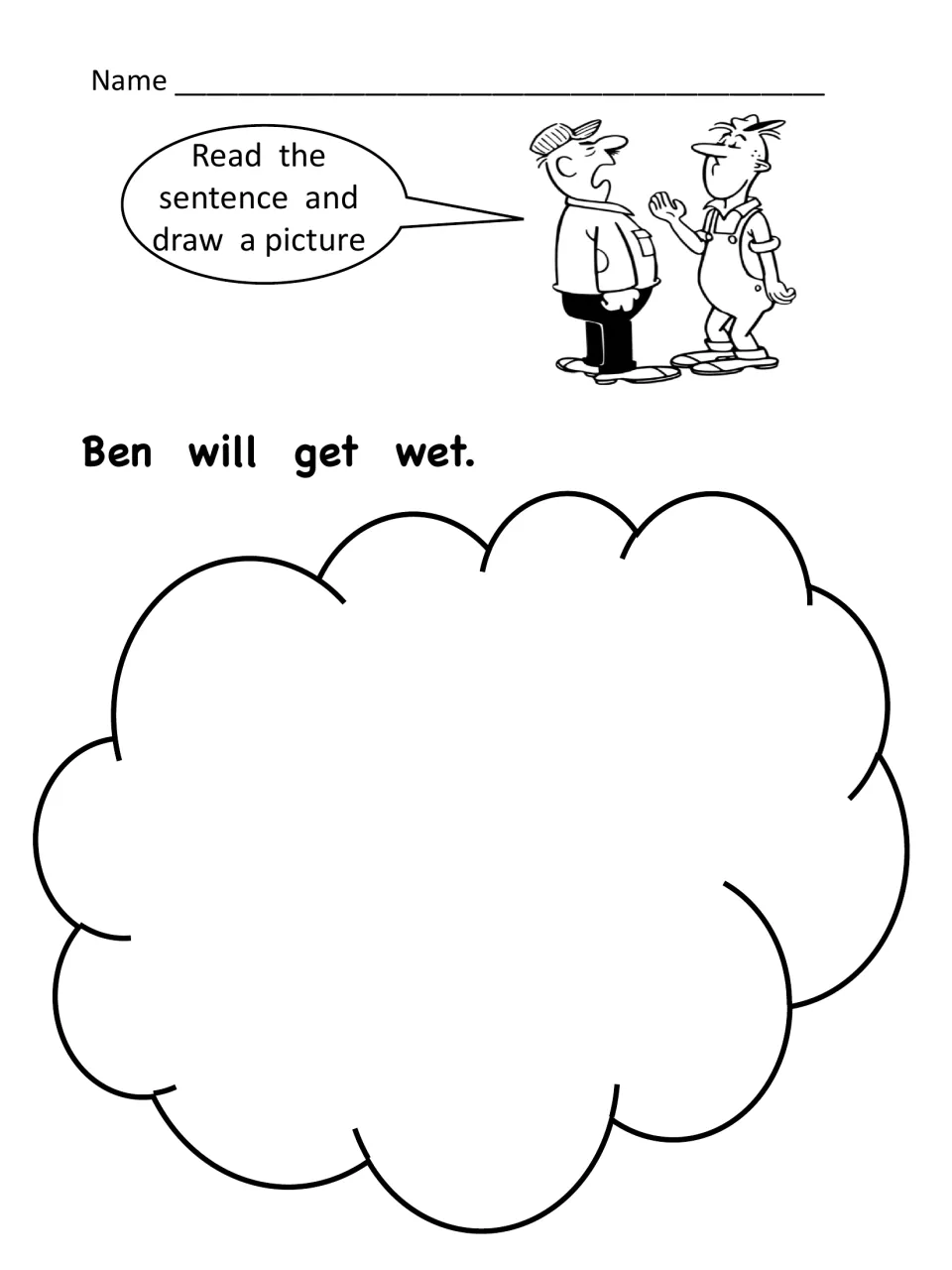 Read and draw: students read the story sentence 'Ben will get wet.' and draw a picture to show its meaning