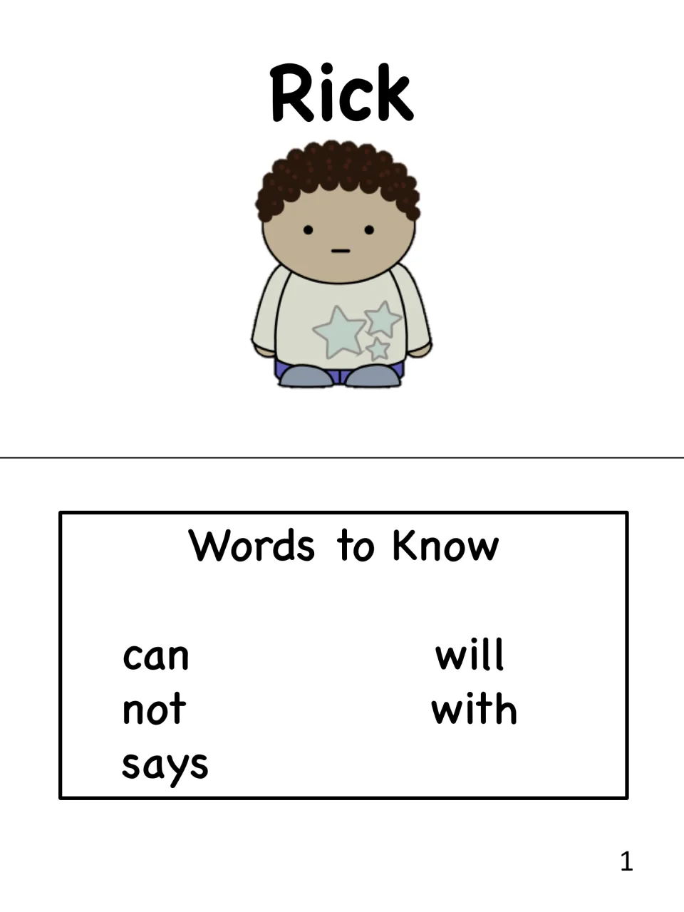 Mini-book page 1 introduces Rick with a Words to Know list of sight words: can, will, not, with and says