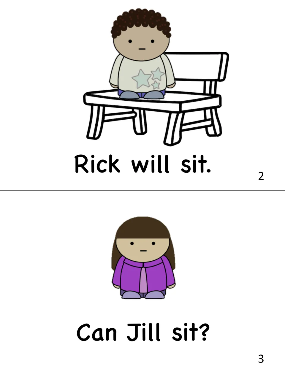 Mini-book pages 2 and 3: students read 'Rick will sit.' as Rick stands on a bench, then the question 'Can Jill sit?'