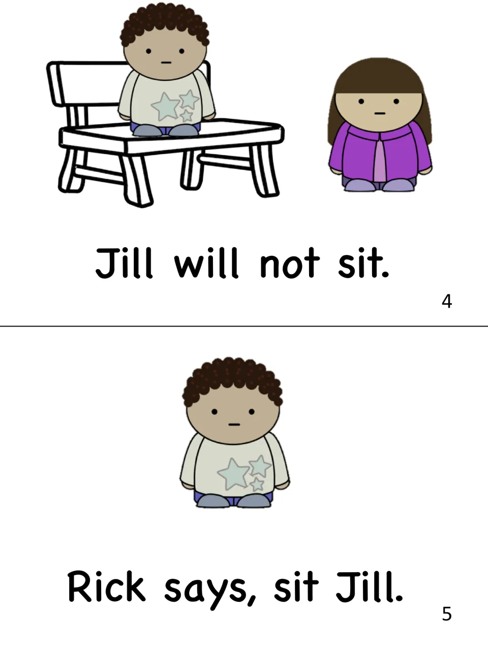 Mini-book pages 4 and 5: students read 'Jill will not sit.' beside Rick on the bench, then 'Rick says, sit Jill.'